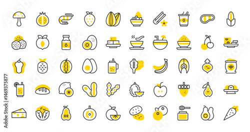 Set of Healthy food vector stroke icons. such as Yogurt, Beans, Cinnamon, Salad, Apple, Carrot, Grapefruit, Legumes, Potato, Cauliflower, Acorn, Soup, Cheese, Boiled Egg, Bread, Cherry illustration.