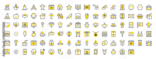 Set of Holidays vector stroke icons. such as Fireplace, Red Envelope, Fireworks, Beer, Christmas, Clover, Hamsa, Usa, Calendar, Earring, Jester Hat, Gift Box, Diamond, Badge, Earth Day illustration.