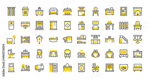 Set of Home and living vector stroke icons. such as Kitchen, Cabinet, Shelf, Coexistence, Cabinet, Washing Machine, Coexistence, Cooking Pot, Clock, Baby Crib, Mail Box, House, Curtains illustration.