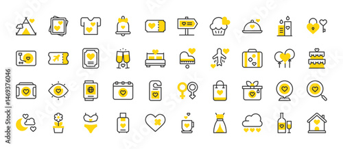 Set of Honeymoon vector stroke icons. such as Heart, Ticket, Bag, Flower, Lingerie, Luggage, Coffee, Dress, Cloud, Wine, House, Tent, Picture, T Shirt, Bell, Ticket, Direction, Cupcake illustration.