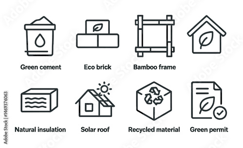 Eco-friendly building outline icons set – green materials, sustainable, construction symbols