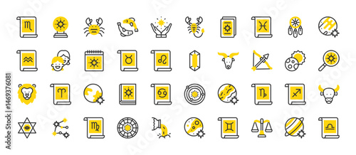 Set of Horoscope vector stroke icons. such as Water, Lion, Search, Scale, Tarot Card, Pisces, Taurus, Aquarius, Capricorn, Constellation, Crystal, Crystal Ball, Dreamcatcher, Earth illustration.