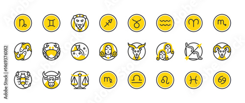 Set of Horoscope vector stroke icons. such as Scorpio, Taurus, Libra, Virgo, Leo, Pisces, Cancer, Capricorn, Gemini, Sagittarius, Taurus, Aquarius, Aries illustration.