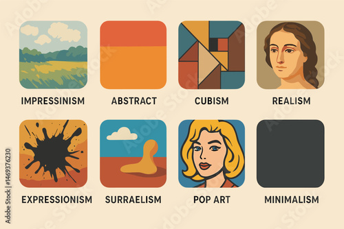 Artistic movements flat icons set – abstract, cubism, realism symbols