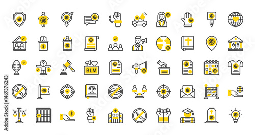 Set of Human rights vector stroke icons. such as Support, Auction, Family, Law Book, Education, Solidarity, Women Rights, Vote, Unity, Morality, Charity , Manifesto, Jail, Rejection illustration.