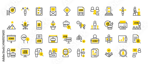 Set of  Job fair vector stroke icons. such as Candidate, Aspirations, Hired, Skills, Job, Growth, Megaphone, Advice, Recruitment, Career, Skills, Clipboard, Job Fair, Stand, Applicant illustration.