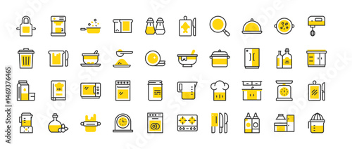 Set of Kitchen vector stroke icons. such as Stove, Trash Bin, Sink, Dishwasher, Jam Jar, Measuring Cup, Cabinet, Cutting Board, Frying Pan, Flour, Chef Hat, Olive Oil, Food Tray, Fridge illustration.
