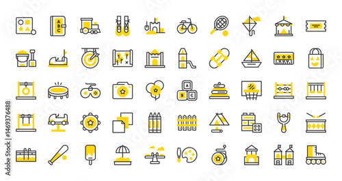 Set of Kids activities vector stroke icons. such as Blocks, Playground, Tennis, Bycicle, Trambouline, Kiddie Ride, Cubes, Sand Castle, Color Palette, Construction, Ticket, Abacus, Book illustration.