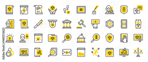 Set of Law And Justice vector stroke icons. such as Court, Badge, Gavel, Government, Counselling, Justice, Agreement, Document, Money, Envelope, Fingerprint, Certificate, Marijuana illustration.