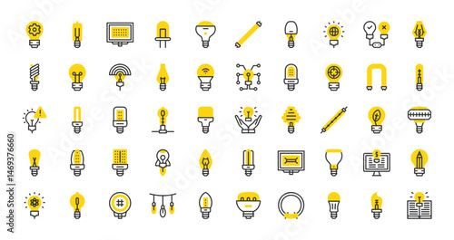 Set of Light bulbs vector stroke icons. such as Light Bulb, Green Energy, Open Book, Led Light, Science, Fluorescent Light, Creativity, Fluorescent Light, Smart Light illustration.