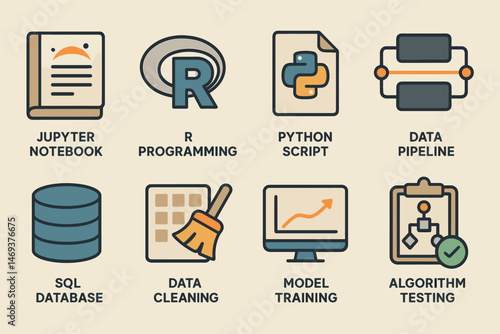 Data science flat icons set – analysis, programming, machine learning visuals