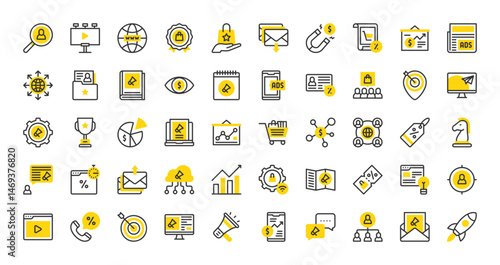 Set of Marketing vector stroke icons. such as Bar Chart, Send, Website, Idea, Rocket,Megaphone, Worldwide, Target, Research, Presentation, Eye, Marketing, Sale, Level illustration.