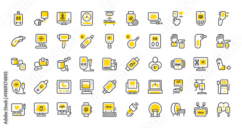 Set of Medical electronic devices vector stroke icons. such as Dialysis, Scan, Tonometer, X Rays, Doppler, Defibrillator, Glucose Meter, Dna, Dentist, Tonometer, Scan, Oximeter, Lungs illustration.