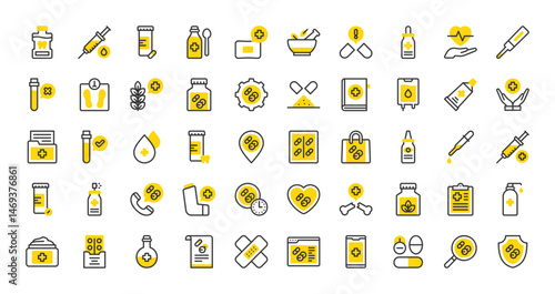 Set of Medicine vector stroke icons. such as Health, Pill, Heart Rate, Syringe, Plaster, Mortar, Search, Mouthwash, Browser, Folder, Eyedropper, Shopping Bag, Syringe, Test Tube, Syrup illustration.