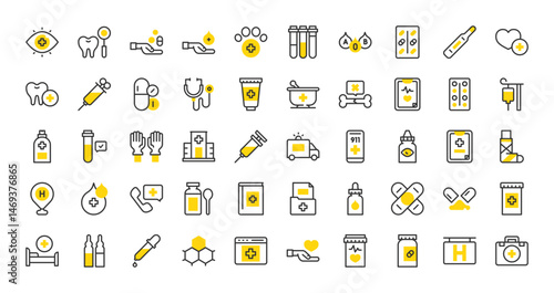Set of Medicine vector stroke icons. such as Medical Kit, Eye, Hospital Bed, Dropper, Perfusion, Pill, Blood Tube, Ambulance, Medical App, Eye Drop, Bone, Stethoscope, Emergency Call illustration.