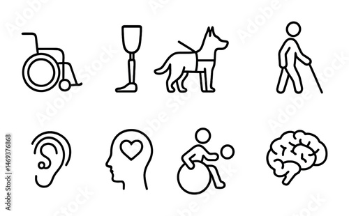 Accessibility and inclusion outline icons set – disability, support, assistive symbols