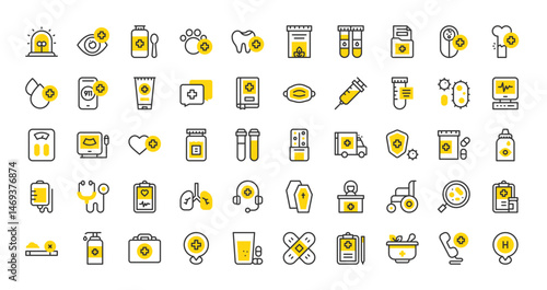 Set of Medical services vector stroke icons. such as Chat, Microbe, Bone, Baby, Clipboard, Lungs, Water Glass, Blood Tube, Ultrasound, Scan, Dentist, Injection, Drops, Medical Kit, Tube illustration.
