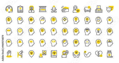 Set of Mental health vector stroke icons. such as Peace Of Mind, Exhaustion, Critical Thinking, Curious, Loneliness, Inner Dialogue, Time, Bipolar, Purpose, Optimism, Inspiration illustration.