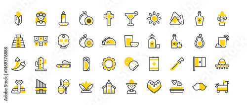 Set of Mexico vector stroke icons. such as Machete, Chili Pepper, Skull, Rug, Girl, Tacos, Agave, Church, Cigar, Corn, Cross, Garland, Guacamole, Jarocho, Lime, Avocado, Maracas, Mexico illustration.