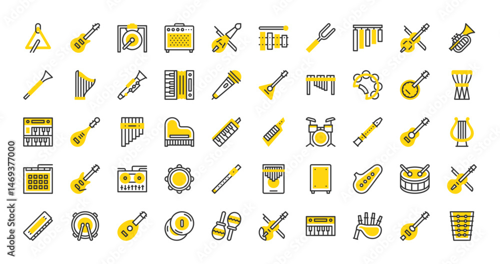 Set of Music instruments vector stroke icons. such as Viola, Cajon, Microphone, Electric Guitar, Chimes, Kalimba, Harmonica, Snare, Lute, Cymbals, Maracas, Violin, Keyboard illustration. Set of Music instruments vector stroke icons. such as Viola, Cajon, Microphone, Electric Guitar, Chimes, Kalimba, Harmonica, Snare, Lute, Cymbals, Maracas, Violin, Keyboard illustration.