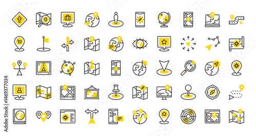 Set of Navigation and maps vector stroke icons. such as Directions, Places, Shop, Map, Person, Location, Laptop, Route, Pin, Home, Pins, Globe, Gps, Constellation, Route, Search illustration.