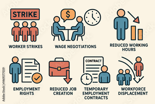 Labour rights flat icons set – worker, negotiation, employment symbols
