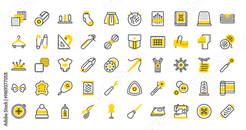 Set of Needlework vector stroke icons. such as Fabrics, Mannequin, Bow Tie, Ruler, Scissors, Beanie, Bobbin, Cutting Mat, Needle, Button, Baby Clothes, Crochet, Fabric, Pin Cushion, Iron illustration.