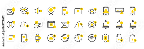Set of Notifications vector stroke icons. such as Wifi, Notification Bell, Padlock, Weather, Power, Battery, Location, Shield, Warning, Views, Dropbox, Unlock, Smartphone, Bar Chart illustration.