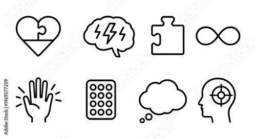 Mental health line icons set – outline, wellness, therapy and mind symbols
