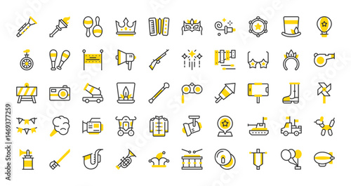 Set of Parade vector stroke icons. such as Baton, Tank,  Fireworks, Location, Cotton Candy, Spotlight, Trumpet, Barrier, Hot Air Balloon, Pick Up, Air Horn, Sword, Joker Hat, Drum illustration.