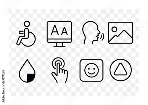 Accessibility and usability icons set – outline, linear, assistive technology symbols