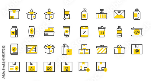 Set of Packaging vector stroke icons. such as Envelope, Packaging, Detergent, Lotion, Present, Shopping Bag, Drink, Canned Food, Water, Coffee Cup, Plastic Bag illustration.