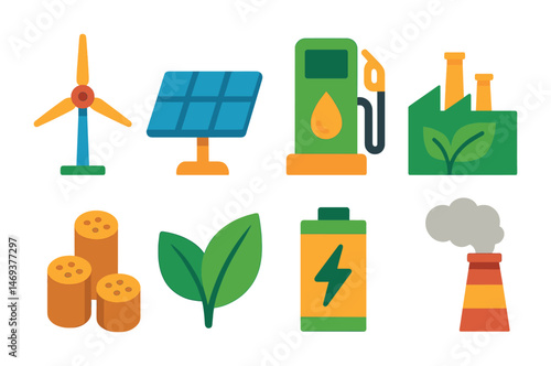 Eco energy flat icons set – renewable, clean, green energy symbols