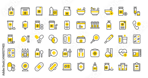 Set of Pharmacy vector stroke icons. such as Sanitary Pad, Patch, Heart, Eye Dropper, Antibiotic, Vitamins, Shield, Suppository, Pills, Hospital, Calendar, Laptop, Mobile Phone, Medical illustration.