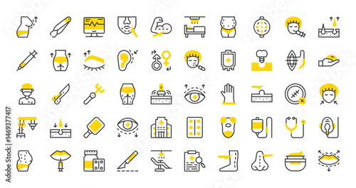 Set of Plastic and cosmetic surgery vector stroke icons. such as Diagnostic, Hair Removal, Eyelid, No Scars, Butt, Otoplasty, Hospital, Blepharoplasty, Body Fat, Silicone, Monitoring illustration.