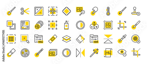 Set of Photo editing tools vector stroke icons. such as Smudge Tool, Gallery, Paint Bucket, Cut, Layout, Temperature, Magic Wand, Depth Of Field, Clone Stamp, Zoom, Pen Tool, Selection illustration.