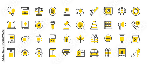 Set of Police vector stroke icons. such as Footprints, Safe Box, Justice, Eye, Target, Stop, 911 Call, Wanted, Bible, Top Secret, Megaphone, Police Station, Bomb, Envelope, Gun, Bullets illustration.
