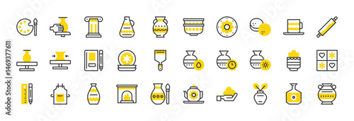 Set of pottery and ceramics vector stroke icons. such as Column, Color Palette, Sun, Fireplace, Plates, Vase, Apron, Notebook, Pencil And Ruler, Plant Pot, Pottery, Rolling Pin, Spatula illustration.