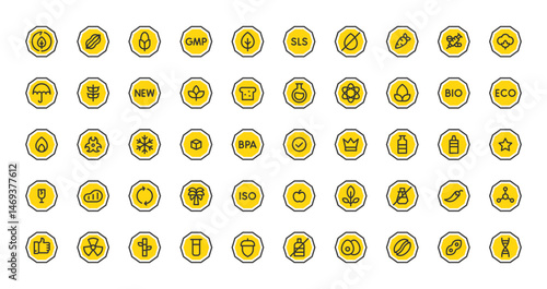 Set of Product labels vector stroke icons. such as Gmp, Frozen, Natural Dyes, Sulfate, Addictive, Best Quality, Natural, Sls, Eco Friendly, New, Keep Dry, Bio, Contain Egg, Bpa, Plastic illustration.