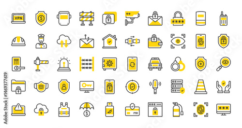 Set of Protection and security vector stroke icons. such as Spy, Password, User Protection, Cloud Computing, Insurance, Welder, Shield, Phishing, Protection, Wire, Warning, Server, Door illustration.