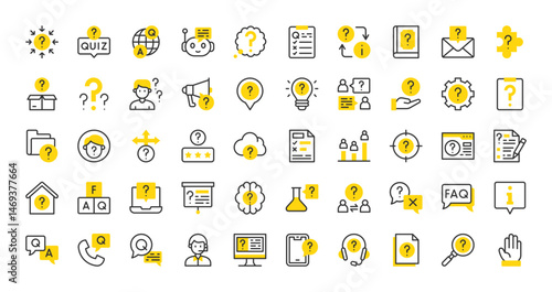 Set of Question vector stroke icons. such as QA, Quiz, Light Bulb, Question Sign, Chatbot, Confused, Magnifying Glass, Mystery, Wrong, Communications, Faq, Hand, Consulting illustration.