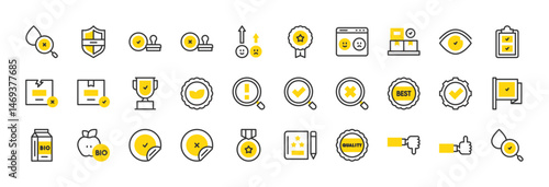 Set of Quality control vector stroke icons. such as Shield, Medal, Exclamation Mark, Checked, Rating, Badge, Box, Water Drop, Search, Bio, Checked, Eye, Quality, Search, Apple illustration.