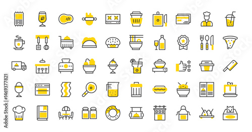 Set of Restaurant vector stroke icons. such as Cutlery,  Recommended, Food Container, Dustbin, Chef, Credit Card, Menu, Cake, Chef Hat, Terrace, Salt And Pepper, Donut, Apron, Sushi illustration.
