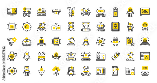 Set of Robotics vector stroke icons. such as Ai, Voice, Smartphone, System, Monitor, Browser, Cyborg, Cloud Computing, Wheeler, Industrial Robot, Book, Hand, Wheel, Canon, Mainboard illustration.