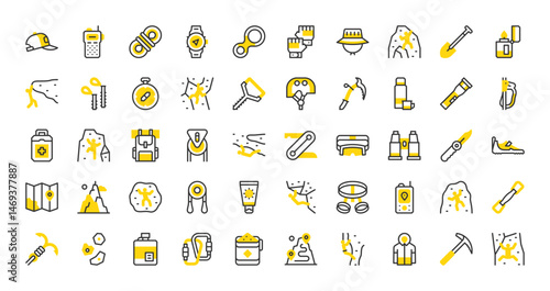 Set of Rock climbing vector stroke icons. such as Hook, Climbing Holds, Tape Slings, Axe, Hat, Shovel, Walkie Talkie, Gloves, Ice Screw, Climbing, Maps, Quickdraw, Harness illustration.