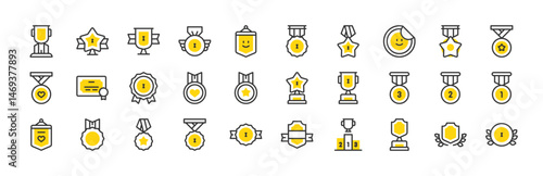 Set of Reward and badges vector stroke icons. such as Medal, Trophy, Podium, Shield, Badge, Star illustration.