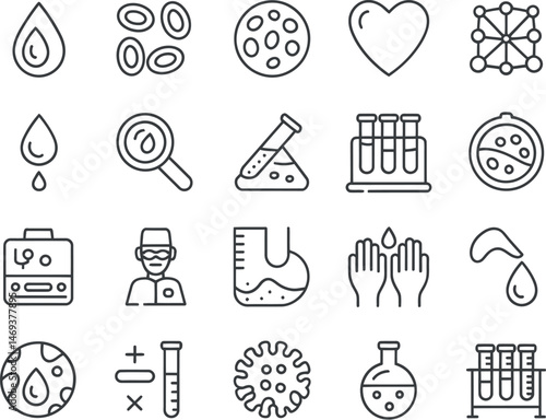 Healthcare and science blood-related line icons set