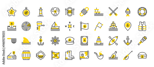 Set of Sailing vector stroke icons. such as Propeller, Life Vest, Harbour, Wind Rose, Sailing Ship, Canoe,  Placeholder, Treasure Map, Fishing, Sailor Hat, Compass, Anchor, Constellation illustration.