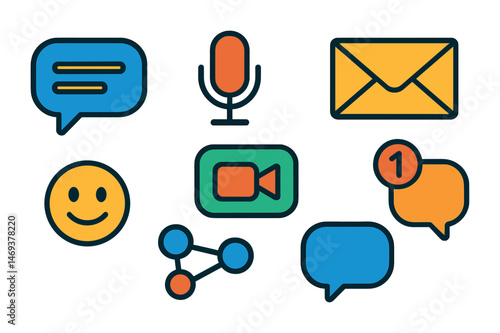 Communication and social media icons set – flat, outline, chat and message symbols