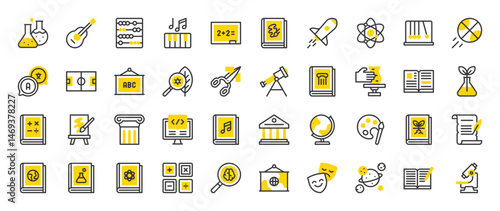 Set of  School Subjects vector stroke icons. such as Performing, Politics, Keyboard, Biology, Psychology, Coding, Astronomy, Mathematics, History, Canvas, Geography illustration.